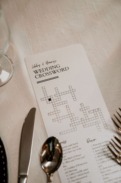 Crossword Wedding Ideas, Fun Things At Weddings, Cool Wedding Ideas Creative, Unique Wedding Games, Fun Wedding Details, Unique Wedding Activities, Wedding Activity Ideas, Wedding Activities For Guests, Crossword Wedding