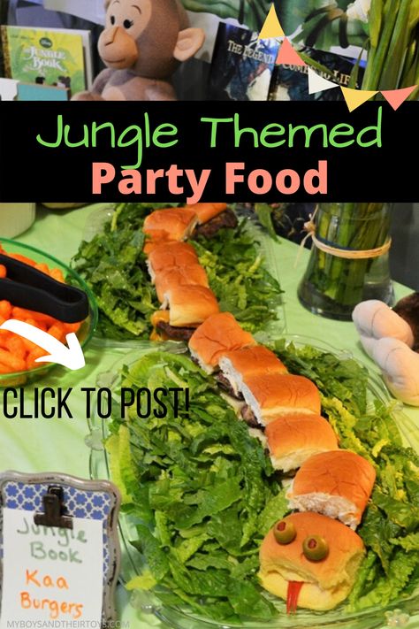 Jungle Book Movie Night Food, Jumanji Food Ideas, Safari Themed Appetizers, Snake Party Food Ideas, Jungle Theme Party Food Ideas, Jungle Snack Ideas, Zoo Theme Party Food, Alligator Party Food, Rainforest Party Food