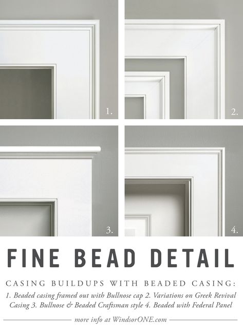 Variations of beaded casing buildups; Smooth casings accented by a fine bead and detail moldings. More info & a variety of primed wood ideas at WindsorONE.com. Mitered Door Casing, Window And Door Casing Ideas, Trim And Casing Ideas, Modern Door Trim Ideas Moldings, Beaded And Bullnose Trim, Interior Door And Window Trim, Types Of Door Trim, Contemporary Moldings And Trim, Door Casing Ideas Modern