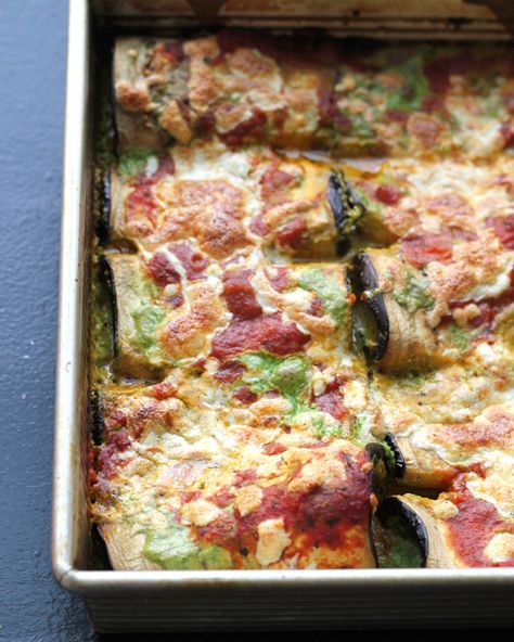 Recipe: Eggplant Manicotti with Creamy Pesto Filling Eggplant Manicotti, Creamy Pesto, Meatless Recipes, Eggplant Recipes, Pesto Sauce, Dinner Is Served, Casserole Dish, Main Courses, Passover