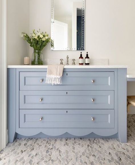 Bria Hammel Interiors on Instagram: "In a sea of blue at our #BHIxMiami Project. 🌊 This darling scalloped vanity deserves its main character spotlight in this bright and beautiful space! #31HuesOfWinterBlues #bhilivebeautifully​​​​​​⁣ ⁣ 📷: @spacecrafting_photography" Bria Hammel, Blue Vanity, Southern House, Miami Houses, Beautiful Dining Rooms, Bathroom Trends, Girls Bathroom, Bathroom Floor Tiles, Blue Bathroom