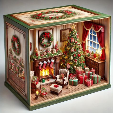 Diy Christmas Shadow Box, Christmas Dollhouse, Room Box Miniatures, Indoor Crafts, Christmas Miniatures, Christmas Lodge, Christmas Shadow Boxes, Dollhouse Miniature Tutorials, Doll House Crafts