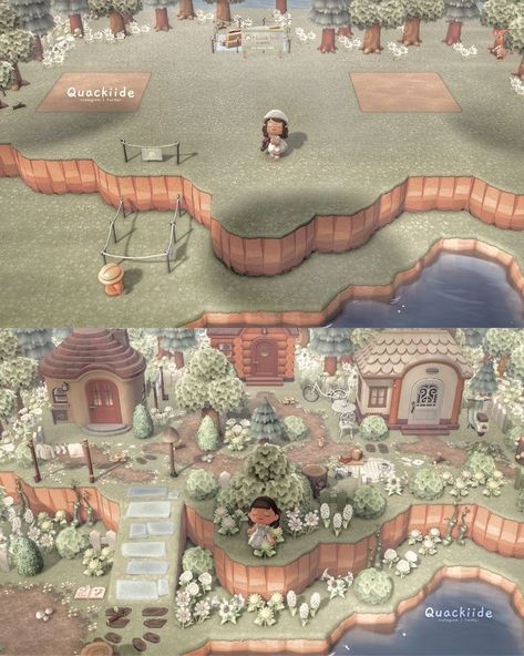 Animal Crossing Island Neighborhood Ideas, Acnh Cottagecore Fairycore, Villager Ideas Animal Crossing, Acnh Villagers Cottagecore, Acnh 3 House Neighborhood, Village Acnh Ideas, Animal Crossing Cottage Core Villagers, Animal Crossing Island Inspiration Villager House, Acnh Cottagecore Guide