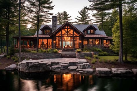 Adirondack lake house design rustic timber, natural stone fireplace, forested lakeside Adirondack House Exterior, Adirondack Lake House, House Design Rustic, Adirondack Homes, Adirondack House, Lake House Design, Natural Stone Fireplace, Natural Stone Fireplaces, Adirondack Style