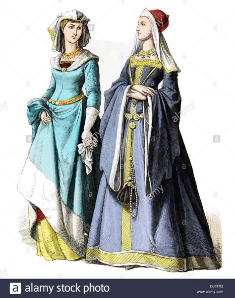 Download this stock image: 15th Century German Ladies of rank - DJ6TR3 from Alamy's library of millions of high resolution stock photos, illustrations and vectors. 15 Century Fashion, 13th Century Fashion, 13th Century Clothing, 1400s Fashion, German Ladies, 15th Century Fashion, 15th Century Clothing, German Dress, German Fashion