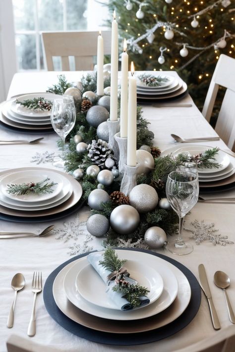 Create a magical all-white Christmas table that sparkles! Learn how to layer different shades of white with silver and crystal for a breathtaking winter wonderland effect. Includes frosted decor ideas and lighting tips. #WinterWonderland #WhiteChristmas #HolidayMagic Silver Table Settings Ideas, White Christmas Dinner Party, Silver And White Table Setting, Silver Christmas Table Settings, Silver Christmas Table Decorations, Winter Wonderland Christmas Table, Winter Wonderland Table Setting, Silver Table Decorations, White Christmas Tablescapes