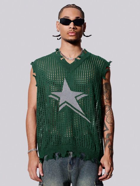 Men's V-Neck Sleeveless Knitted Top With Pentagram Print Halloween Dark Green Casual  Sleeveless Knitwear Geometric  Slight Stretch  Men Clothing, size features are:Bust: ,Length: ,Sleeve Length: Guy Coachella Outfits, Mens Rave Outfits, Cute Rave Outfits, Mens Festival Fashion, Rave Men, Leather Halter Top, Futuristic Style, Coachella Outfit, Slim Fit Top