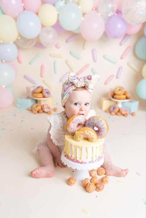 Donut Smash Cake, Washington Photoshoot, Donut Cake Smash, Milestone Photoshoot, Smash Cake Session, Half Birthday Party, Half Birthday Cakes, 2nd Birthday Photos, Sweet One Birthday