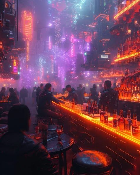 Cyberpunk Club Aesthetic, Cyberpunk Restaurant, Scifi Bar, Cyberpunk Club, Cyberpunk Cafe, Cyberpunk Bar, Neon Cyberpunk Aesthetic, Cyberpunk Interior, Night Restaurant