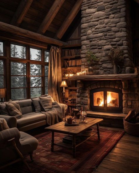 Minecraft Ranch, Mountain Inspiration, Cabin Fireplace, Gorgeous Fireplaces, Cabin Aesthetic, Cabin Living Room, Storybook Cottage, Aesthetic Room Ideas, Cabin Interiors