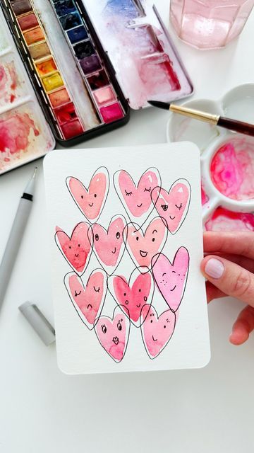 Watercolor Creative Ideas, Cute Watercolor Paintings For Boyfriend, Doodles With Watercolor, Cute Doodles Watercolor, Watercolor Cards Diy Simple, Water Paint Valentines Card, Valentines Water Color Cards, Watercolor Cards For Beginners, Cute Card Drawing Ideas