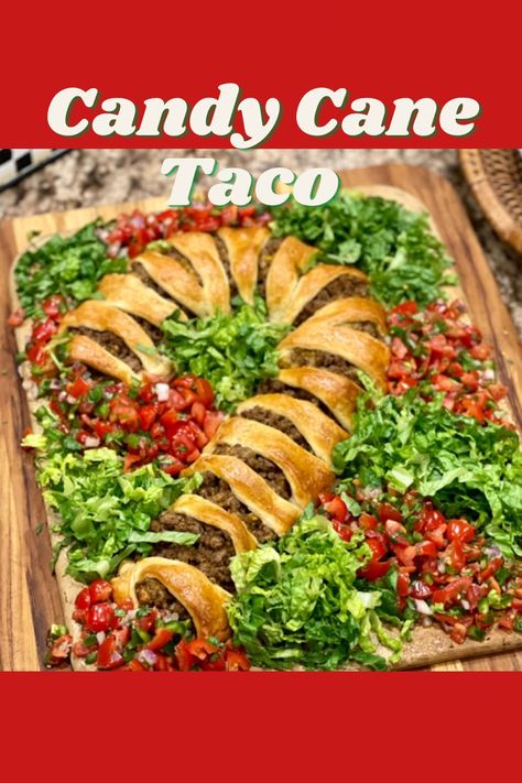 The festive taco treat would be a hit at any holiday get together! #tacos #tacorecipes #taco #christmaspartyfood #christmas #candycane Mexican Christmas Food, Charcuterie Lunch, Taco Appetizers, Mexican Food Recipes Appetizers, Christmas Eve Dinner, Ashley Johnson, Crescent Roll, Quick Easy Dinner, Shredded Lettuce