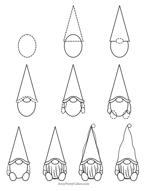 Drawing a gnome is easy. Just follow our simple step by step tutorial so you can draw your own mystical woodland  gnomes. Color the hat red to turn him into a Christmas gnome!
#drawinglesson #artlesson #drawingtutorial How To Draw A Mushroom Step By Step, How To Draw A Gnome, Easy Gnome Drawing, Gnome Doodle, Christmas Doodles Ideas, Drawing Gnomes, Draw A Gnome, Cute Christmas Doodles, Trin For Trin Tegning