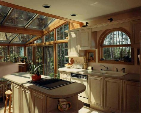 Nice Small Log Cabin Kitchens, Solarium Kitchen, Log Cabin Kitchen Ideas, Conservatory Sunroom, Log Home Kitchen, Log Cabin Kitchen, Sunroom Kitchen, Kitchen Sunroom, Log Home Interior