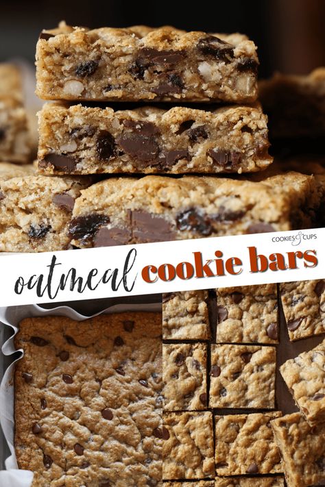 Oatmeal Cookie Bars are so soft and chewy, and they're packed with raisins, chocolate chips, and more! Dessert doesn't get any easier, or more delicious, than these easy cookie bars! Oatmeal Pan Cookies, Oatmeal Sheet Pan Cookies, Oatmeal Bar Cookies, Oatmeal Walnut Cookies, Oatmeal Cookie Bars Recipes, Easy Oatmeal Bars, Chocolate Chip Oatmeal Bars, Easy Cookie Bars, Oatmeal Raisin Bars