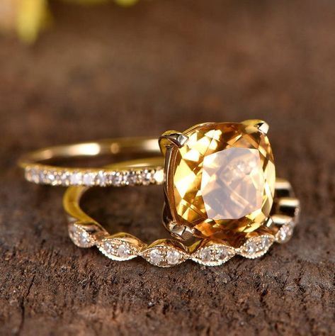 Yellow Gemstone Ring, Citrine Engagement Ring, Citrine Ring Engagement, Morganite Engagement Ring Set, Pink Morganite Engagement Ring, Cushion Engagement Ring, Citrine Jewelry, Engagement Ring White Gold, Sapphire Engagement Ring Blue