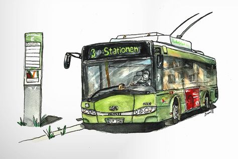 I painted my local bus! : Watercolor Bus Watercolor, Narrative Drawing, Transport Illustration, Bus Drawing, Bus Cartoon, Bus Art, Rocky Horror Show, Comic Tutorial, Architecture Sketchbook