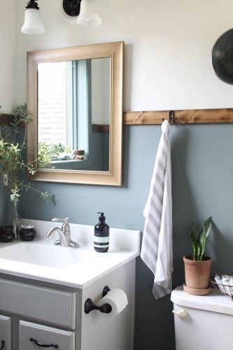 A $0 Bathroom Makeover  Transformation! Basement Bathroom Paint Ideas, Bathroom Color For Small Bathroom, Industrial Bathroom Paint Colors, Dual Color Bathroom Walls, Blue Wall Bathroom Ideas Paint, Small Bathroom Repaint, Bathroom Decor Dark Blue, Small Bathroom Color Schemes Farmhouse, Light Blue And Gray Bathroom