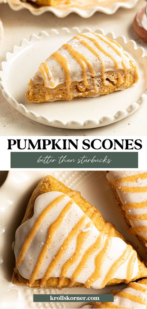 Pumpkin Scones (Starbucks Copycat!) • Pumpkin Scones Starbucks, Starbucks Pumpkin Scones, Pumpkin Spice Scones, Pumpkin Bread Starbucks Copycat, Pumpkin Scones Recipe, Restless Chipotle, Bourbon Glaze, Butter Glaze, Starbucks Pumpkin Spice