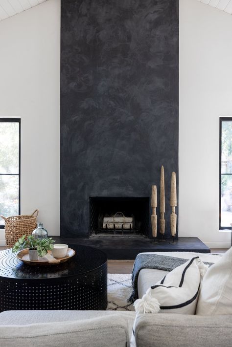 Color Fireplace Painted, Dark Concrete Fireplace, Black Concrete Fireplace Surround, Black Metal Fireplace Surround, Limewash Black Fireplace, Dark Gray Fireplace Wall, Dark Stucco Fireplace, Black Painted Fireplace Wall, Dark Limewash Fireplace