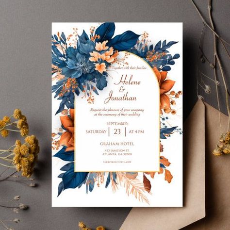 Elegant Indigo Rust Watercolor Boho Wedding Invitation | Zazzle.#WeddingInvitations #WeddingStationery #Invitation #WeddingPlanning #CustomInvitations Blue Orange Weddings, Burnt Orange Wedding Theme, Winter Wedding Rustic, Orange Wedding Theme, Wedding Invitations Suite, Orange Wedding Themes, Orange Wedding Invitations, Burnt Orange Wedding, Fall Blue