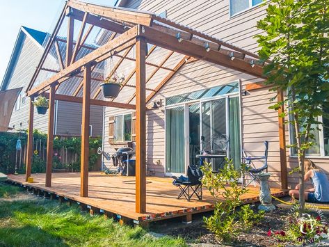 pergola with sun roof on deck Adding Pergola To Existing Deck, Covered Deck Plans, Concrete Slab Patio, Deck Over Concrete, Patio Cover Ideas, Diy Patio Cover, Pergola Roof, Covered Patio Design, Pergola Attached To House