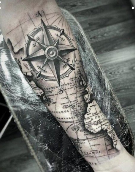 Nortical Tattoo Ideas, Map Forearm Tattoo, Map Sleeve Tattoo, Nautical Map Tattoo, Tattoo Carte, Map Tattoo Sleeve, Compass Map Tattoo, Maps Tattoo, Map Tattoo Design