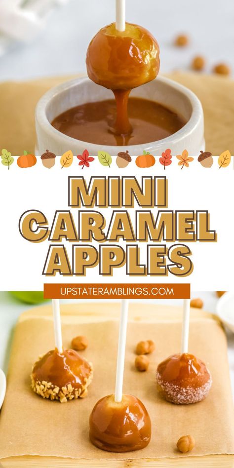 Mini Caramel Apples Mini Caramel Apples Pops, Caramel Apple Kabobs, Mini Carmel Apple Balls, Caramel Apple Balls, Mini Carmel Apples Bites, Fall Bakesale Ideas Easy, Caramel Apple Wedges On A Stick, Carmel Apple Bites With Rolos, Carmel Apple Bites Snacks