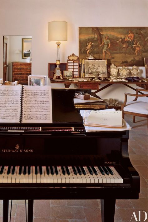 On the desk in front of Gian Carlo Menotti's Steinway baby grand, a gift from philanthropist Alice Tully, is an arrangement of personal mementos | archdigest.com Spoleto Italy, Piano Decor, Piano Room, Grand Piano, The Cathedral, Music Aesthetic, The Opera, Music Room, Piano Music