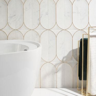 Patterned Tile Master Bath, Bathroom Tile Moroccan, Gold Grout Tile, Contemporary Tile Backsplash, Octagon Shower Floor, Tiled Archway Bathroom, Marble And Brass Tile, Tile Wall Small Bathroom, Oyster Tile Backsplash