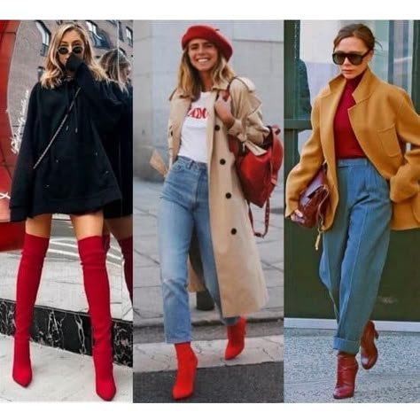 *2024* what to wear with red shoes? 8 on-trend combo slimming tips! How To Wear Red Boots Fall Outfits, Red Bootie Outfits, Magenta Boots Outfit, Red Boots Outfit 2023, Red Shoes Fall 2023, How To Wear Red Boots, What To Wear With Red Heels, What To Wear With Red Boots, Casual Outfits With Red Heels