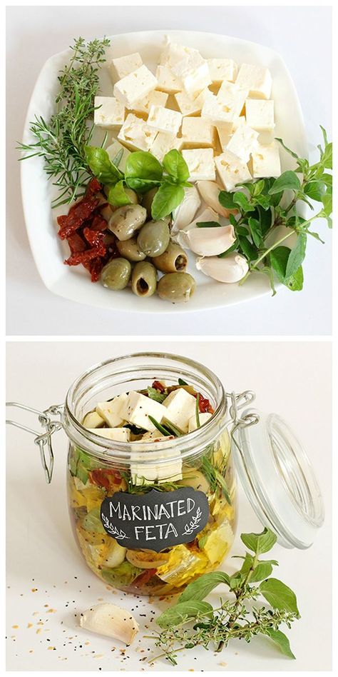 This marinated feta cheese recipe is wonderful to keep in the kitchen, to add to dishes or simply eat straight from the jar. Just think what a great hostess gift this would make, tasty and gorgeous to look at. Marinated Feta, Marinated Cheese, Feta Cheese Recipes, Homemade Cheese, Cheese Recipe, Kefir, Greek Recipes, The Jar, Cheese Recipes