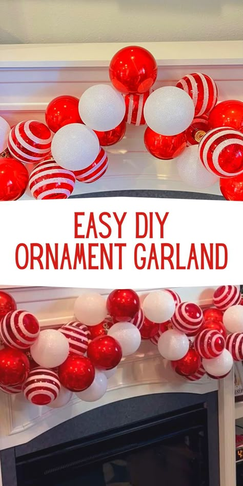 Diy Ornament Garland Christmas Balls, Ornament Garland Doorway, Garland Doorway, Diy Ornament Garland, Ornament Garland Diy, Diy Christmas Mantle, Garland Diy Christmas, Christmas Ornament Garland, Christmas Doorway Decorations