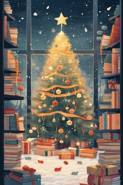 Christmas Bookshelf Wallpaper, Xmas Wallpaper, Cute Christmas Wallpaper, Christmas Phone Wallpaper, Christmas Wallpapers, Vintage Christmas Tree, Noel Christmas, Christmas Illustration, Christmas Books