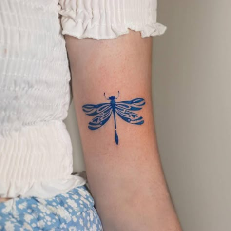 Blue Line Work Tattoo, Blue Stamp Tattoo, Blue Tattoo Healed, Blue Dragon Fly Tattoo, Minimal Dragonfly Tattoo, Whimsical Dragonfly Tattoo, Colored Dragonfly Tattoo, Flower Dragonfly Tattoo, Colorful Dragonfly Tattoo