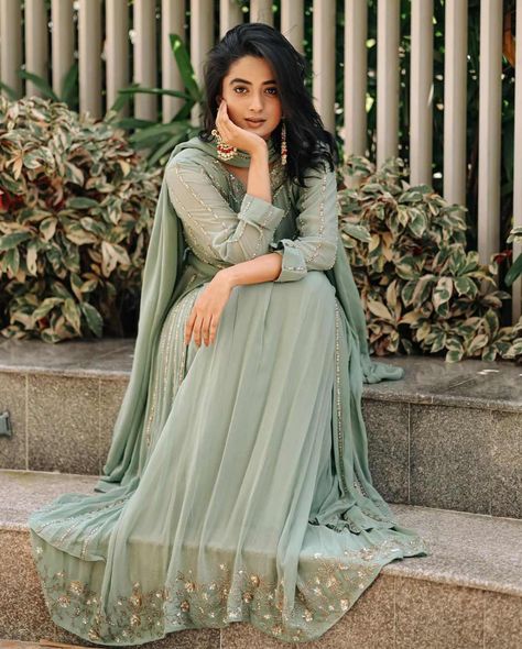 Pastel Anarkali, Sage Green Anarkali, Green Anarkali Dress, Pastel Green Dress, Namitha Pramod, Hindi Serial Actress, Green Dress Outfit, Green Anarkali, Hindi Serial