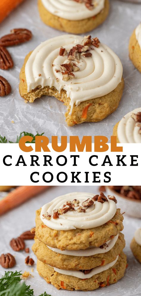 These crumbl carrot cake cookies taste just like a holiday carrot cake slice. They are perfectly spiced then topped with homemace cream cheese frosting. Crumbl Cookie Recipes, Carrot Cake Cookies Recipe, Crumbl Copycat, Crumble Cookie Recipe, Crumble Cookies, Crumble Cookie, Carrot Cookies, Carrot Cake Cookies, Crumbl Cookies