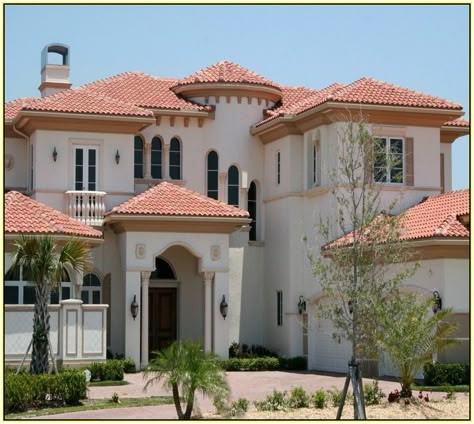 Terracotta Roof House, Terra Cotta Roof, Spanish Style Home Exterior, Spanish Tile Roof, Spanish Interior Design, Mediterranean Houses, Spanish Interior, Mediterranean Exterior, Best Exterior Paint