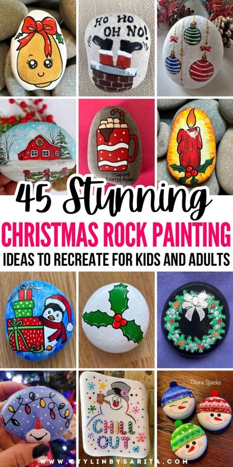 45 FESTIVE DIY CHRISTMAS ROCK PAINTING IDEAS - Stylin by Sarita Easy Christmas Rocks To Paint, Painted Christmas Rocks Ideas, Cute Painted Rocks Ideas, Christmas Painted Stones, Easy Christmas Painted Rocks, Christmas Rocks Painted Ideas, Christmas Painted Rocks Ideas, Hot Cocoa Ideas, Christmas Rock Painting Ideas Easy