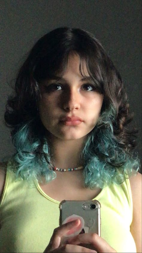 Blue And Green Highlights In Brown Hair, Bottom Of Hair Dyed, Peekaboo Hair Curly, Curly Peekaboo Hair, Blue Underdye Hair, Curly Hair Under Dye, Dyed Underlayer Curly Hair, Hair Dye Placement Ideas, Underdye Hair Curly