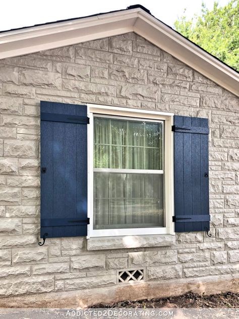 Wood Shutters On Vinyl Siding, Stone Garage, Painted Brick Ranch, Shutters Outdoor, Cottage Shutters, Colonial Shutters, Shaker House, Windows Photo, Exterior House Doors