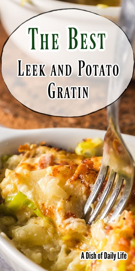 Potato Leek Gratin is an easy side dish and family favorite! It’s filling, yummy, and perfect! #numstheword #potatoleekgratin #leekandpotatogratin #baconleekandpotatorecipes #leekandbaconrecipes #leekbaconpotatobake #baconandleekpotatobake #leekandbacon #leekgratin #leekpotatoandbaconbake #leekbaconandpotatobake Potato And Leek Au Gratin, Leek And Potato Gratin, Leek Scalloped Potatoes, Potato Leek Casserole, Leek And Potato Recipes, Potato Leek Gratin, Leeks And Potatoes, Leek Gratin, Leek And Potato