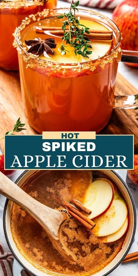 You are going to love this hot Spiked Apple Cider recipe. Prepared with warm spices, full-bodied apple cider, a hint of caramel and citrus, and a kick of rum, this drink will be the star of every holiday soiree. Spiked Cider Recipes, Hot Cider Recipes, Hot Apple Cider Cocktail, Spiced Cider Recipe, Spiked Apple Cider Recipe, Hot Apple Cider Recipe, Spiked Cider, Sweet Cocktail, Apple Cider Drink