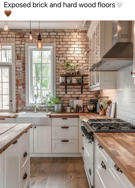 Industrial Brick Kitchen, Brown Kitchen Design, Brick Kitchen Ideas, Outdoor Oasis Patio, Kitchen Exposed Brick, Exposed Brick Kitchen, Minimalistic Home Decor, Brick Backsplash Kitchen, Country Industrial