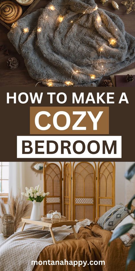 Top blanket with fairy lights and bottom picture is cozy bed with food tray Master Bedrooms Decor Not White, Cozy Beautiful Bedrooms, How To Make A Big Bedroom Cozy, Bedroom Makeover Ideas Cozy, Sleepy Bedroom Ideas, How To Have A Cozy Bedroom, Master Bedrooms Decor Cozy Boho, Cozy Bedroom Aesthetic For Couples, Making A Large Bedroom Feel Cozy