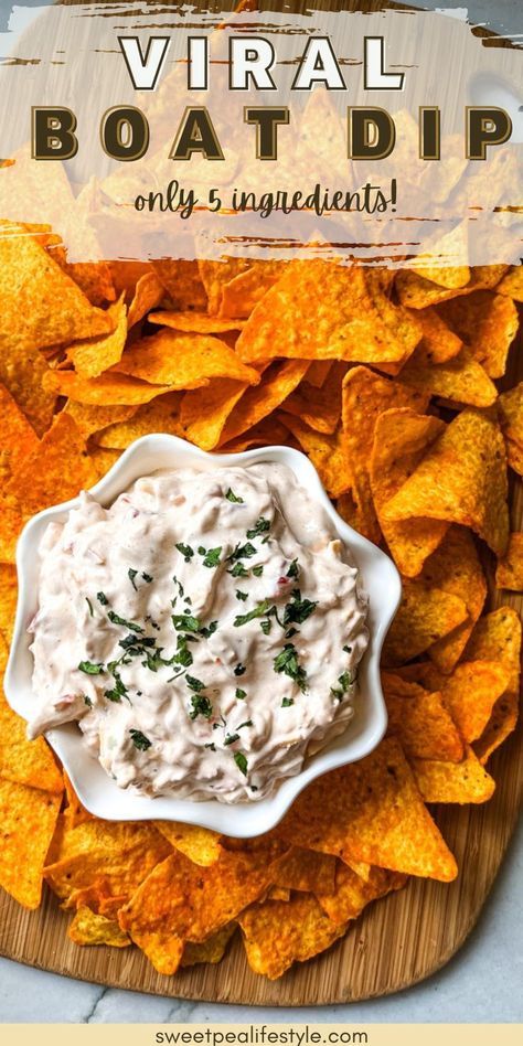 Boat Dip is an easy viral recipe you've got to try! It's five simple ingredients, and makes a tasty snack and perfect dip for any occasion! TikTok recipes go viral for a reason. People see them, try them, and report back. It's nothing fancy, but it's the perfect cold dip for your crispy tortilla chips! If you're looking for a great option for a delicious dip, this recipe will tick all your boxes. Summer Chip Dip, Dip Appetizer Recipes, Easy Chip Dip, Best Chip Dip, Boat Dip, Summer Dip Recipes, Cold Dip, Chip Dip Recipes, Cold Dip Recipes