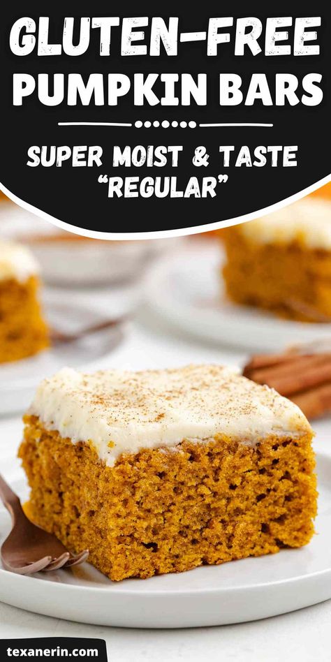 Enjoy the best gluten-free pumpkin bars, perfect for fall! These moist, spiced pumpkin squares are topped with a rich cream cheese layer, making them an irresistible treat. Whether you're craving pumpkin desserts or looking for the best pumpkin bars to share, this recipe is a must-try! They can also be made with all-purpose or whole wheat flour. Paleo Pumpkin Bars Recipe, Pumpkin Bars With Almond Flour, Gf Pumpkin Blondies, Healthier Pumpkin Bars, Gluten Free Pumpkin Bars With Cream Cheese Frosting, Easy Gf Dessert Recipes, Sheet Pan Libby’s Pumpkin Bars, Gluten Free Pumpkin Bars Cream Cheese, Best Gluten Free Fall Desserts