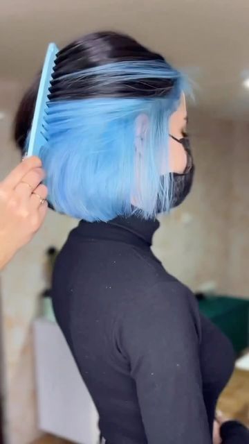 Blue Peekaboo Hair Short, Short Hair With Blue Underneath, Black Hair With Blue Peekaboos, Blue And Black Short Hair, Blue Bob Hairstyles, Blue And Black Hair Short, Light Blue And Black Hair, Short Hair Color Ideas Blue, Black And Light Blue Hair