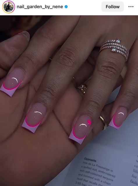 Nail Ideas For Valentines Day With Initial, White And Pink Short Nails, Initial Nails Ideas, Pink Duck Nails French Tip, Girly Acrylic Nails Square, Nail Inspo Trendy Pink, Pink And Hot Pink Nails, Short Acrylic Nails Aesthetic, Over Lay Nail Designs