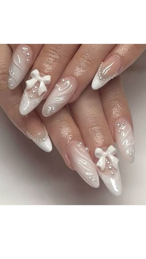 #nails Summer Nail French Tip Designs, Summer Cool Nails, Cute Simple Nails White, Summer White Nails With Designs, White Swan Nails, White Nails Coquette, Coquette Nail Inspo Almond, Coquette Summer Nails, Cute Nail Ideas White